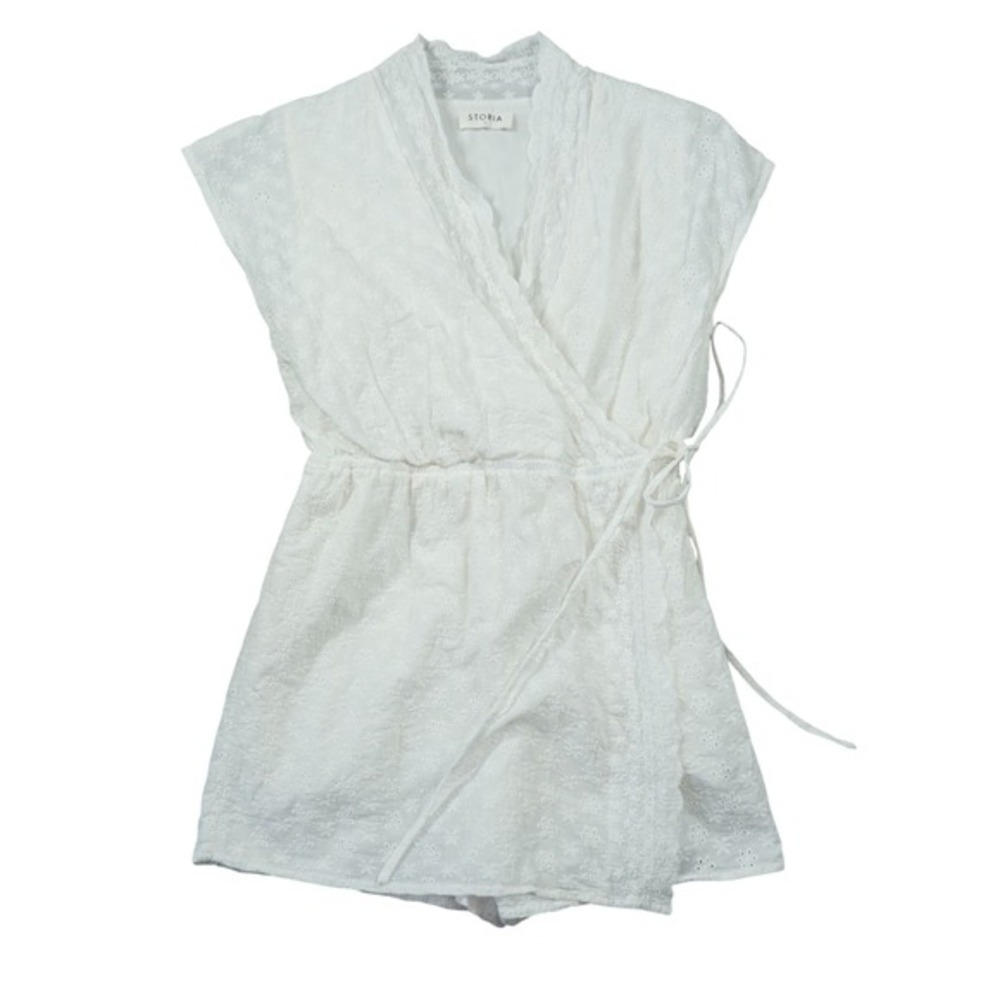 Storia White Cotton Eyelet Wrap Romper Lace Trim Delicate Beach Resort Vacation